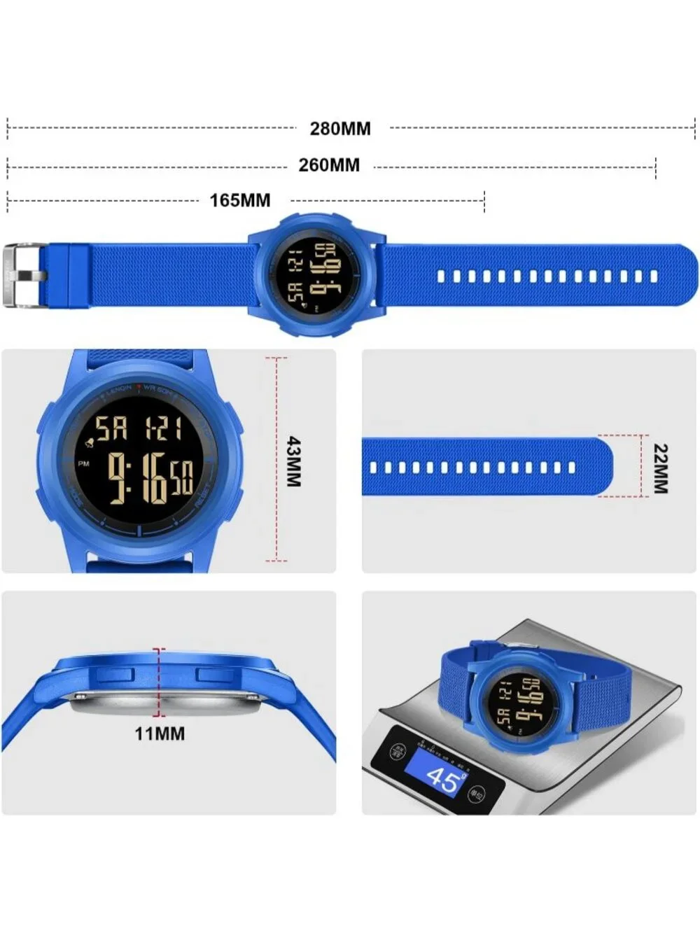 Men's Blue Black Digital Ultra Thin Sports Waterproof Silicone Band Wrist Watch